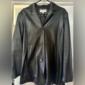 Black Leather Button-Front Women's Leather Coat